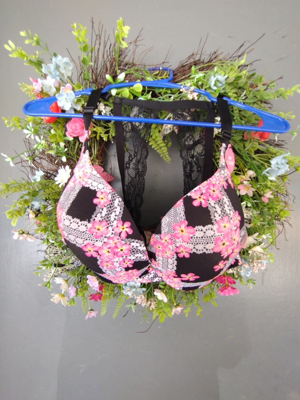 XOXO Black Push-Up Bra with Pink Floral Lace
